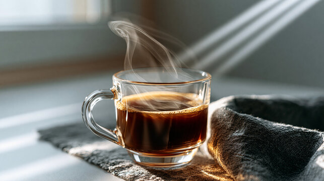 Hot aromatic black coffee in a transparent mug with rising steam and morning sunlight, caffeine