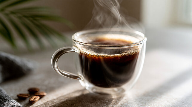 Transparent double walled glass mug filled with hot steaming black coffee on a table, beverage