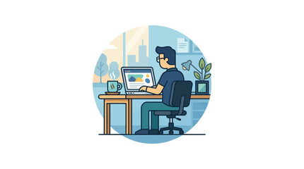 Fototapeta premium Man working on laptop computer at desk, remote work illustration