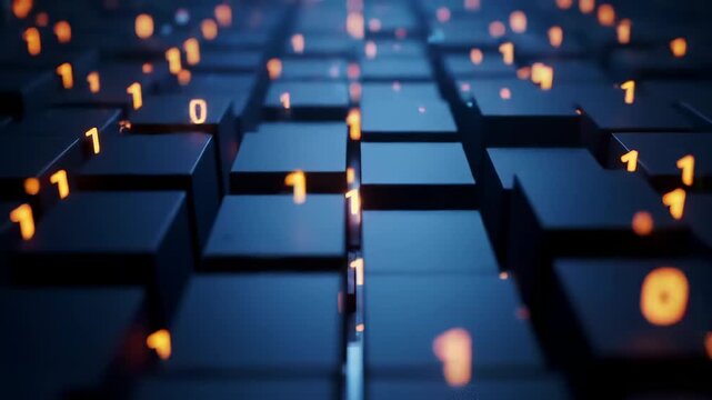 Binary data flowing over blue digital blocks