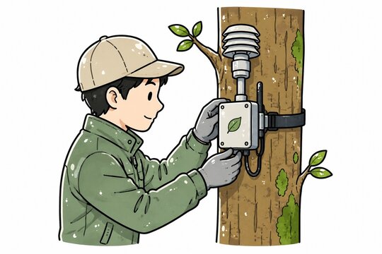 木に取り付けられた環境観測センサーを調整する作業員または研究者のイラスト