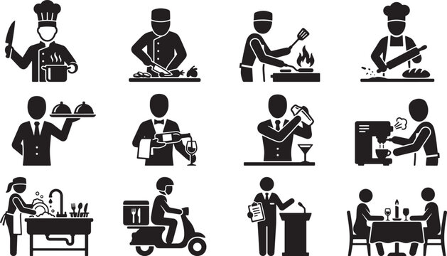 Restaurant staff and kitchen service icons set featuring chefs waiters and food delivery in flat vector style