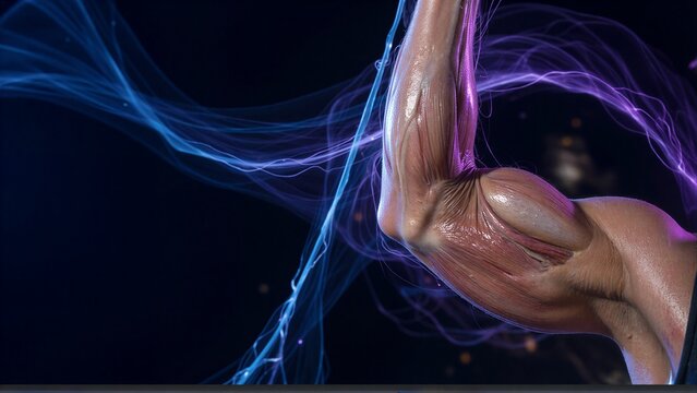 A human arm with glowing blue and purple energy swirls around it against a dark background.