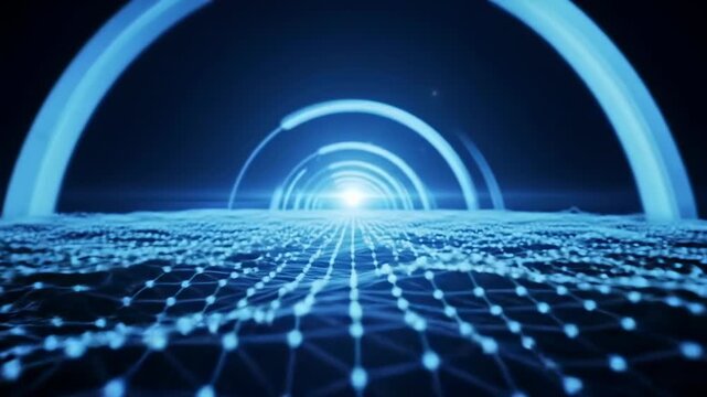 Blue digital network grid with expanding light rings