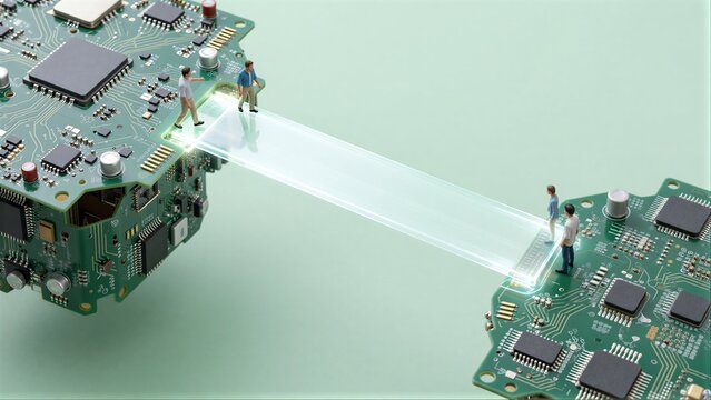 Miniature workers connect two circuit boards via a glowing data bridge.