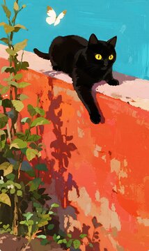 Morandi vintage color hand drawing, orange wall matched with cyan sky, grain texture, tranquil artwork of cat and white butterfly in courtyard
