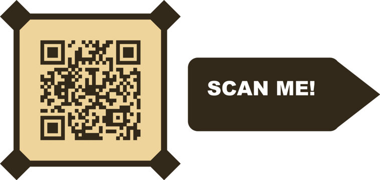 Vintage QR code with scan me arrow, retro style barcode sticker, rustic brown digital link vector icon for restaurant menus and retail packaging