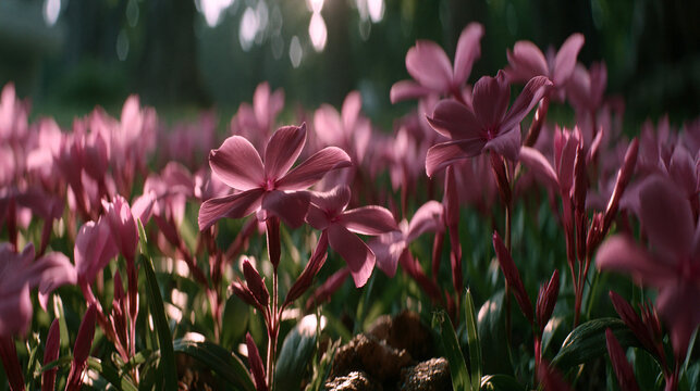 Pink wildflowers blooming in a lush garden during a soft golden hour glow with wildflowers