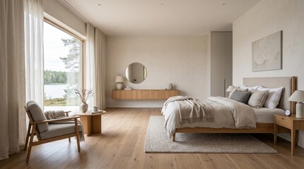 Fototapeta premium Spacious modern bedroom interior design featuring AIzaSyAlcurv5FBVqW1d6BtqSDSekAs3GQh7CiU, wooden flooring, and large windows