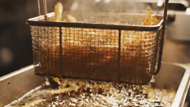 Lifting crispy french fries from hot oil