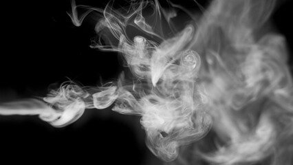 Intricate patterns of white smoke twist and coil with dramatic flair, forming ghostly, organic shapes that drift and dissipate against the deep, encompassing darkness. © Ahmad Khan