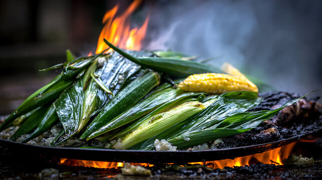 Fresh corn wrapped in green leaves cooking over an open campfire flame outdoors with campfire