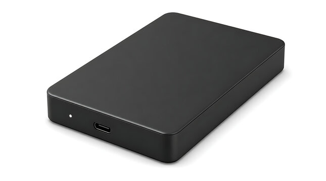 Sleek black external hard drive with USB port.