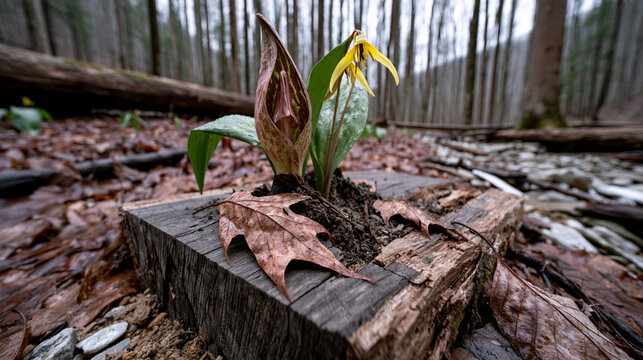 Small yellow trout lily flower growing from a decaying tree stump in the forest with woodland