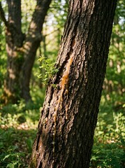 Fototapeta premium Amber Tree Sap Oozing from Wounded Bark on Forest Tree Trunk in Dappled Sunlight