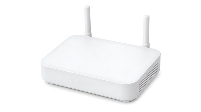Modern white wireless router with dual antennas.