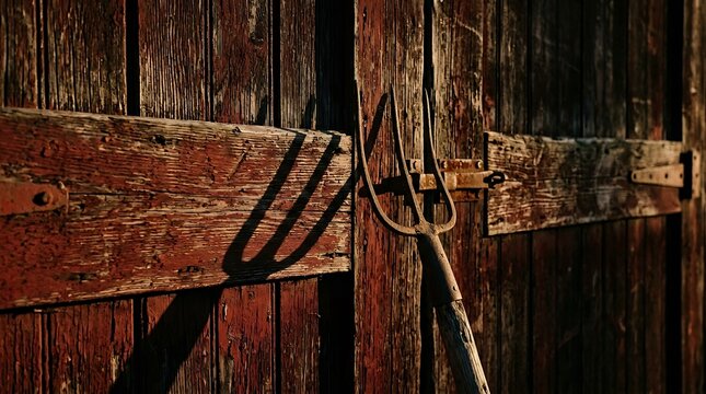 Rustic Pitchfork Leaning Against Weathered Barn Door