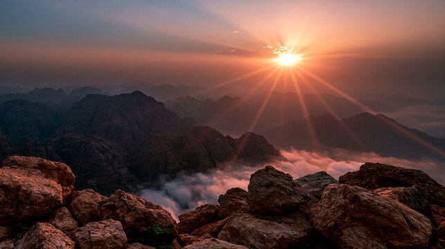 Golden sunrise over rugged mountain peaks above thick layer of rolling morning clouds