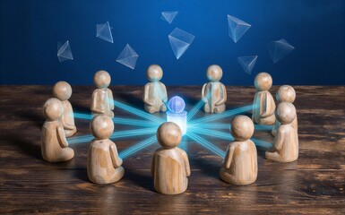 Obraz premium Wooden figures connect via blue rays, surrounded by floating geometric shapes against a dark backdrop.