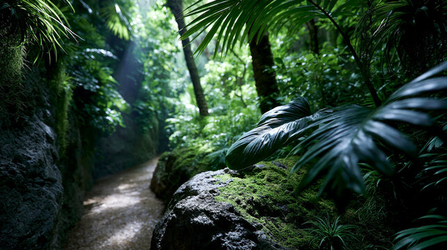 Sunlit tropical rain forest path surrounded by lush vegetation with rainforest, tropical