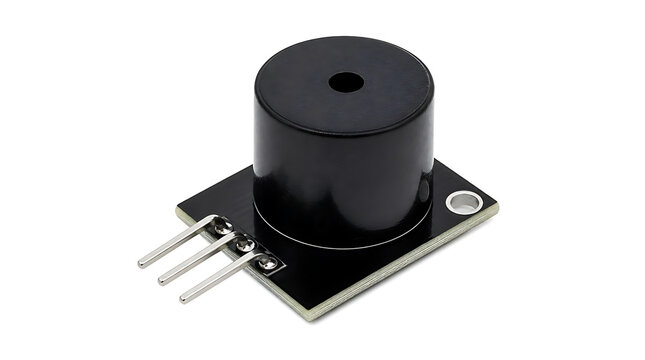 Black cylindrical electronic component with metal pins.