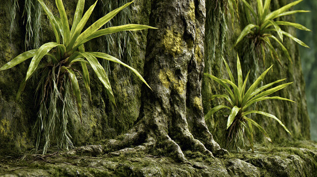 Close up of tropical fern plants growing on mossy tree bark with rainforest botanical woodland