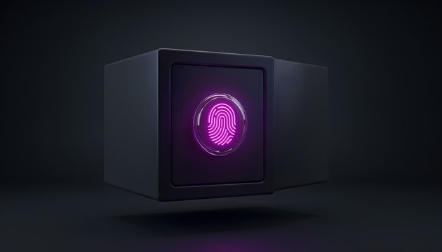 3D illustration of a premium cyber security vault concept featuring a dark graphite safe box with a glowing neon magenta biometric fingerprint lock