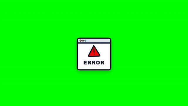 Animated browser window error screen icon with red warning triangle badge on green screen loop