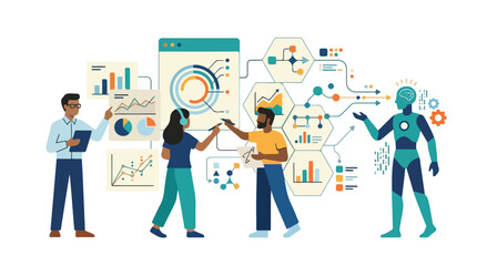 Fototapeta premium A team of diverse professionals interacts with complex data charts and a humanoid robot, representing human-AI collaboration in data science.