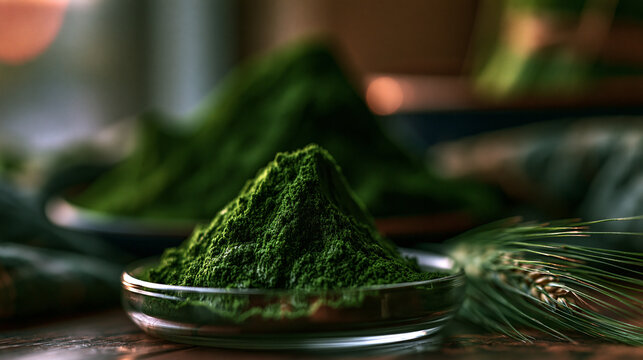 Healthy spirulina powder piled on glass plate with pine needles spirulina superfood supplement