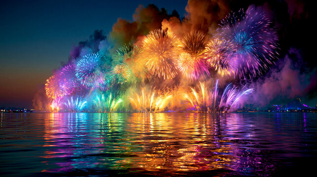 Spectacular colorful fireworks display over dark water at night with fireworks, celebration