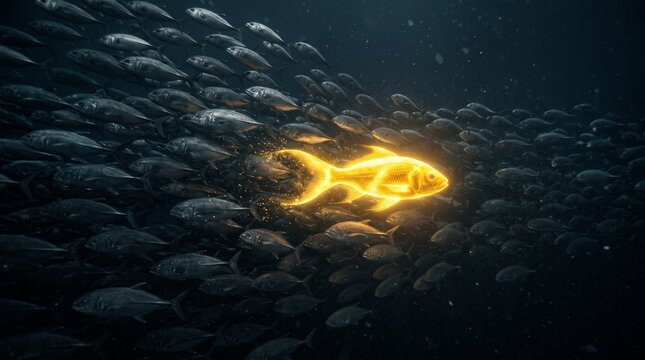 A single glowing golden fish swimming opposite to a school of dark fish, elevating Opposite Day into a powerful metaphor for market disruption.