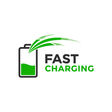 Battery fast charging logo with green energy motion lines.