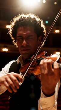 Emotional close-up of a passionate male musician playing the violin on a dimly lit theater stage with dramatic backlighting