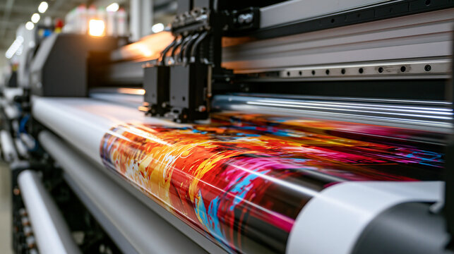 Industrial large format printer printing colorful banner graphics in a factory. Commercial printing and manufacturing concepts.