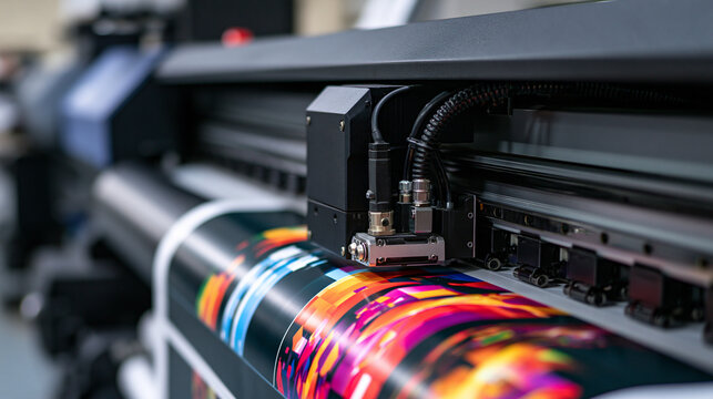 Industrial large-format printer producing vibrant colorful graphics on vinyl roll in a workshop. Ideal for commercial printing service advertisements.