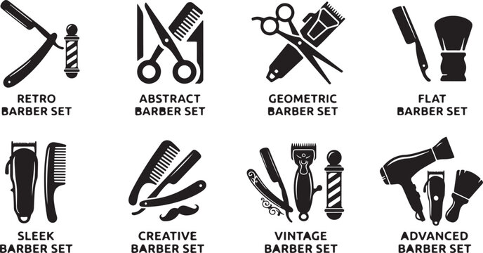 Set of black and white barber shop tools including scissors combs razors and hair clippers
