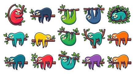 Obraz premium Cute Sloth Collection Hanging on Tree Branches
