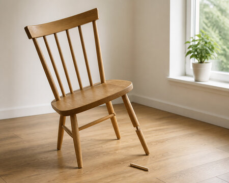 Misaligned wooden chair with crooked leg and unassembled dowel, DIY furniture assembly concept