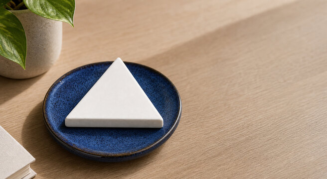 equilateral. White equilateral triangle paperweight on blue ceramic coaster, neutral still life for editorial header, lifestyle magazines.