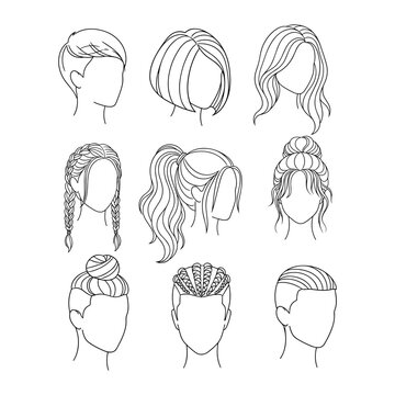 Collection of female hairstyle line art icons.