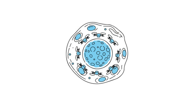 A futuristic nanobot microscopic drone patrol surrounding a human cell core, clean lines, high contrast, bright clinical lighting, medical technology theme, minimalist flat vector artwork,