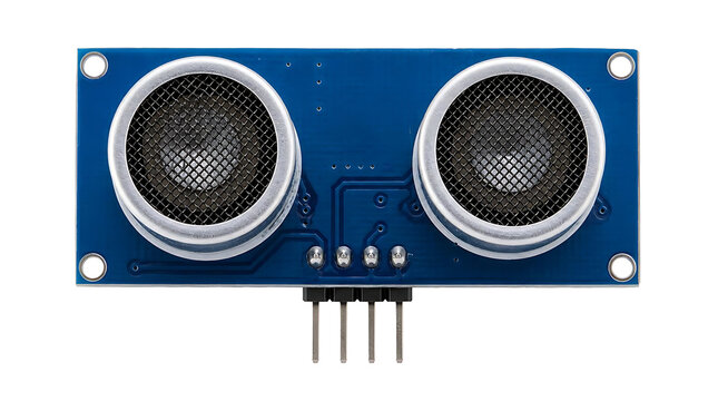 Ultrasonic sensor module with dual transducers on blue board.