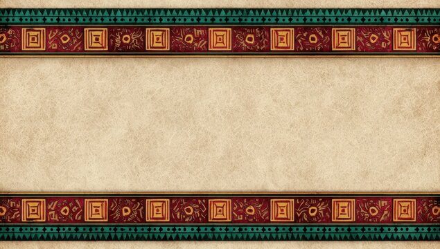 Vintage parchment with ornate tribal pattern borders in red, gold, and teal