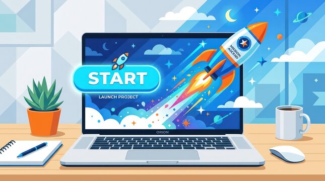 Business Startup Concept with Rocket Launching from Laptop Screen