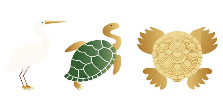 Crane And Turtles Flat Vector Illustration On White Background