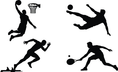 Athletic Sports Action Silhouette Vector Icon Set Featuring Basketball Slam Dunk Soccer Bicycle Kick Track Sprinter Running and Tennis Player Action Poses © Md