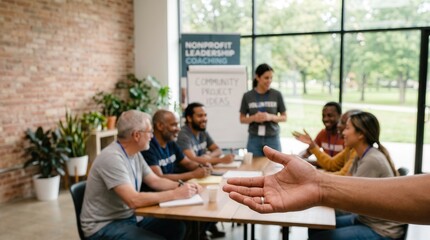 Obraz premium leadership development nonprofits volunteer concept. Diverse group in casual meeting discussing community project ideas indoors.