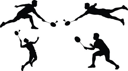 Badminton Player Action Silhouette Vector Icon Set Featuring Smashing Diving Defensive and Receiving Action Poses with Rackets and Shuttlecocks © Md