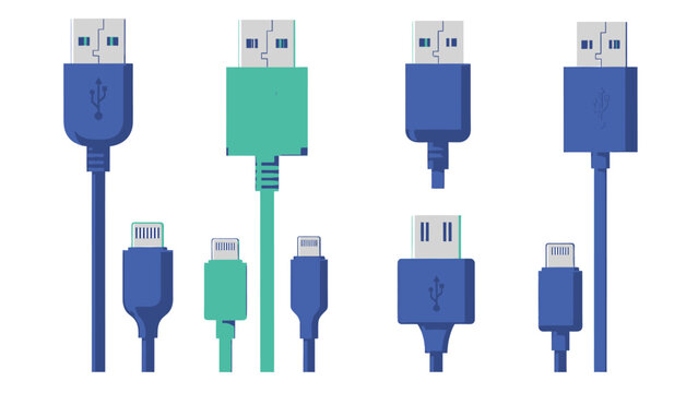 Set of various USB cable types and connectors, including USB-A, USB-B, USB-C, and micro USB, for charging and data transfer.